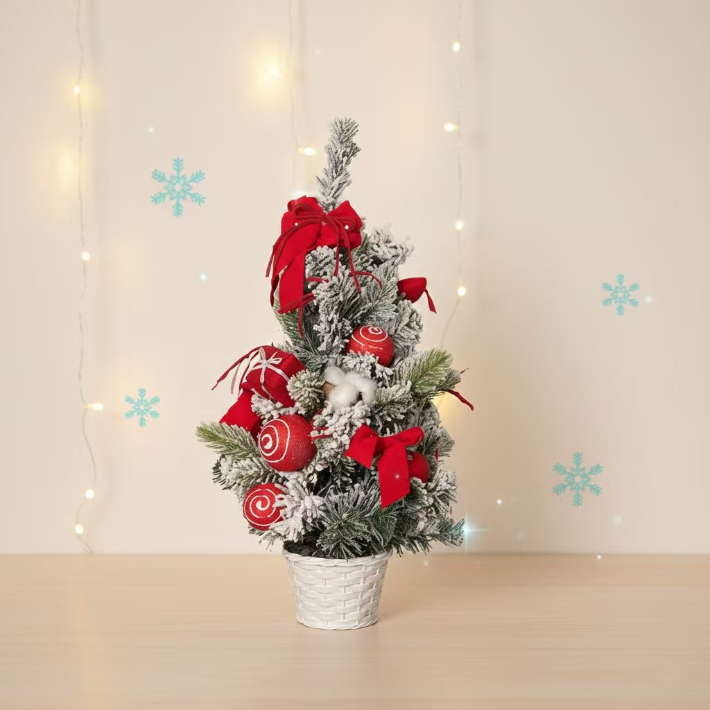 Mini Flocked Christmas Tree with Red Ornaments & Bows – 19.7" Tabletop Artificial Pine Tree in Woven Basket Base, Pre-Decorated Snowy Holiday Décor for Home & Office