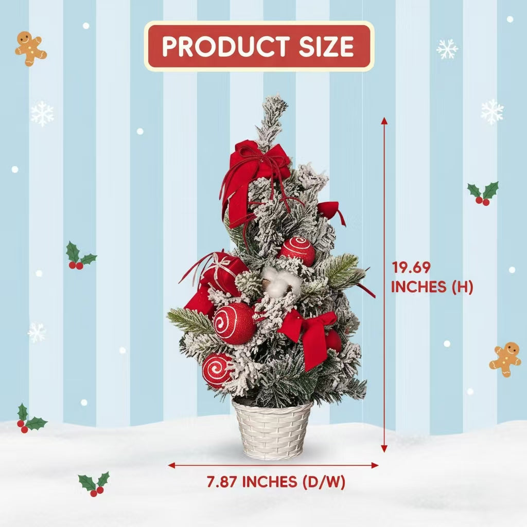 Mini Flocked Christmas Tree with Red Ornaments & Bows – 19.7" Tabletop Artificial Pine Tree in Woven Basket Base, Pre-Decorated Snowy Holiday Décor for Home & Office