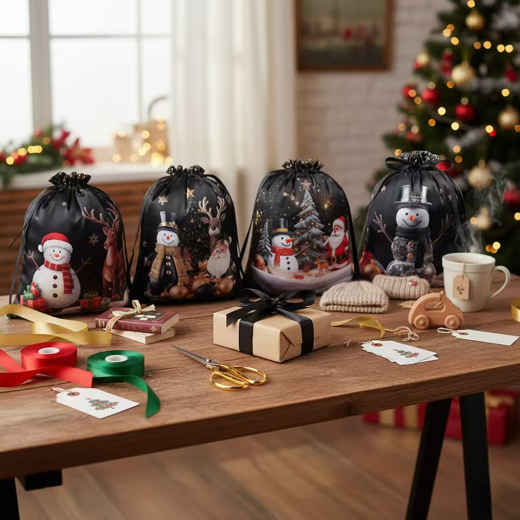 Christmas Drawstring Gift Bags Set โ 6PCS Reusable Holiday Present Bags with Santa & Snowman Prints, Easy Wrapping in 10 Seconds