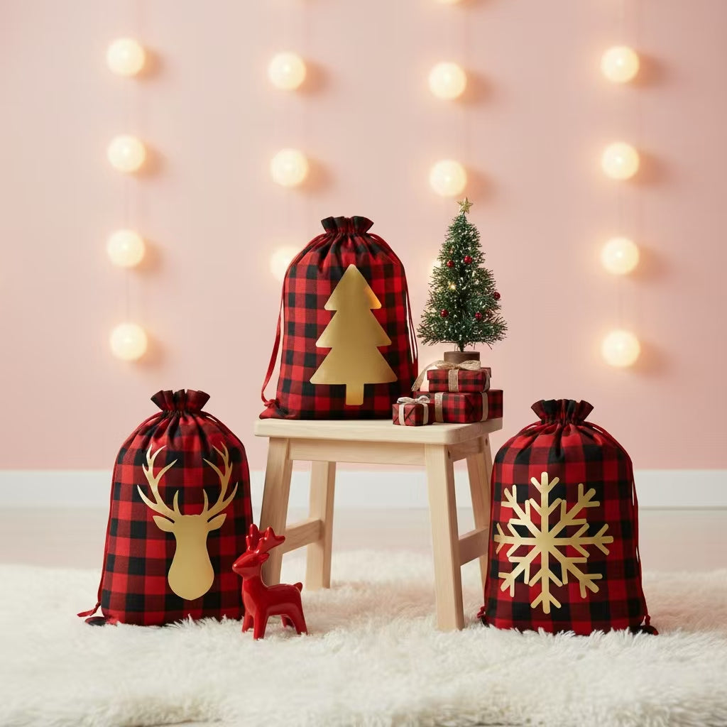 Buffalo Plaid Christmas Gift Bags – 3PCS Red & Black Check Foil Drawstring Bags, Reusable Holiday Wrapping Sacks with Gold Deer, Tree & Snowflake Designs