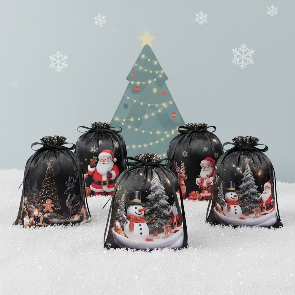 Christmas Drawstring Gift Bags Set โ 6PCS Reusable Holiday Present Bags with Santa & Snowman Prints, Easy Wrapping in 10 Seconds