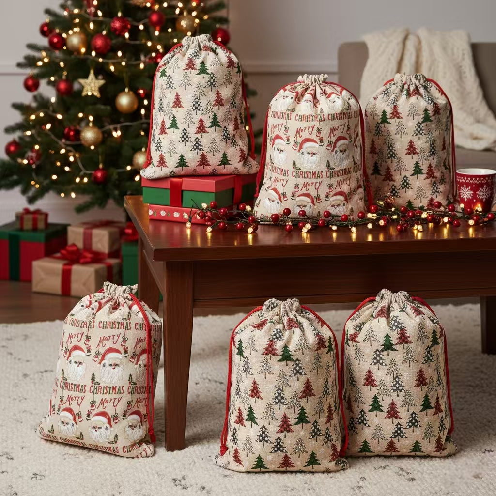Christmas Foil Gift Bags – 6PCS Burlap-Style Reusable Drawstring Santa & Tree Pattern Bags, 10-Second Easy Gift Wrapping with Tags & Ribbons