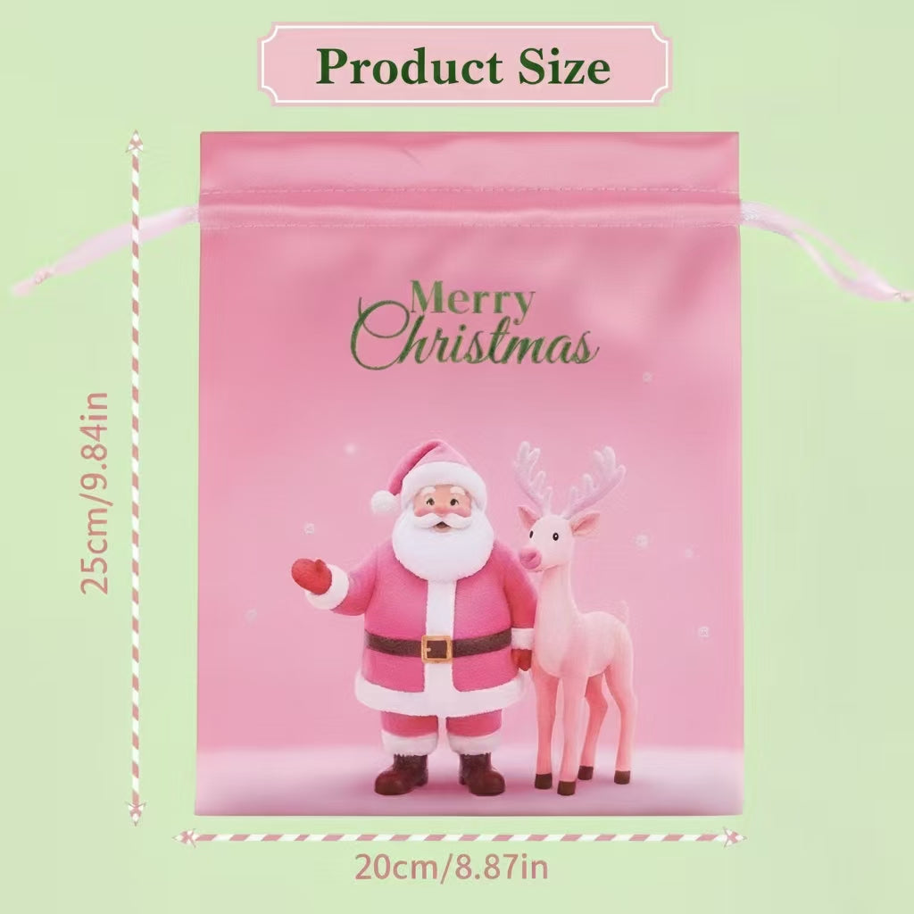Pink Christmas Drawstring Gift Bags โ 4PCS Reusable Holiday Present Bags with Santa & Snowman Prints, Easy 10-Second Wrapping