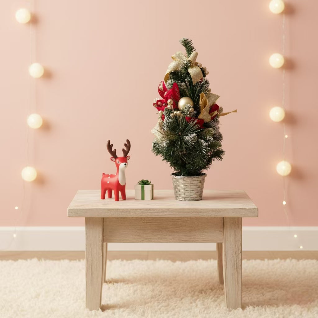 Mini Gold & Red Christmas Tree with Ornaments โ 19.7" Pre-Decorated Tabletop Flocked Pine Tree in Woven Basket, Elegant Holiday Centerpiece with Bonus Santa Stocking