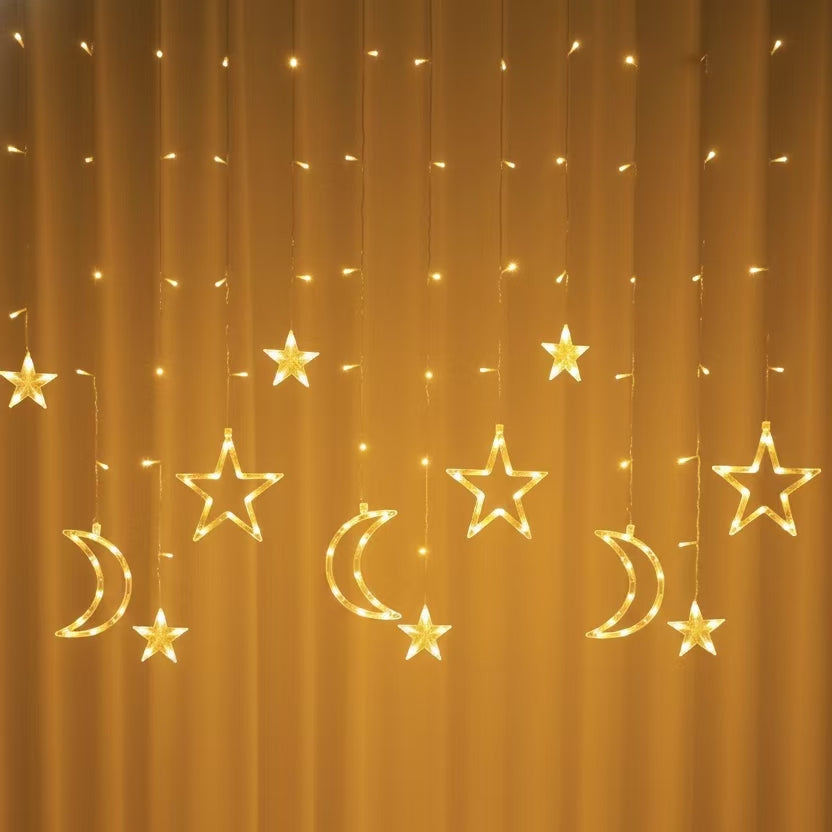 Moon & Star Curtain String Lights โ 8ft x 3.5ft LED Fairy Lights with 8 Lighting Modes, Plug-In Indoor Decoration for Bedroom, Party & Christmas