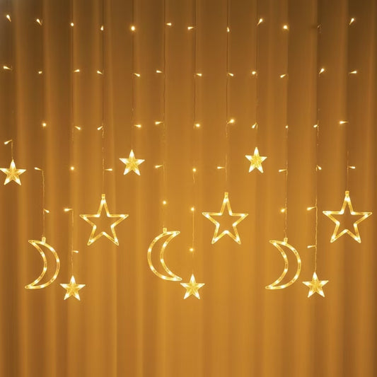 Moon & Star Curtain String Lights – 8ft x 3.5ft LED Fairy Lights with 8 Lighting Modes, Plug-In Indoor Decoration for Bedroom, Party & Christmas