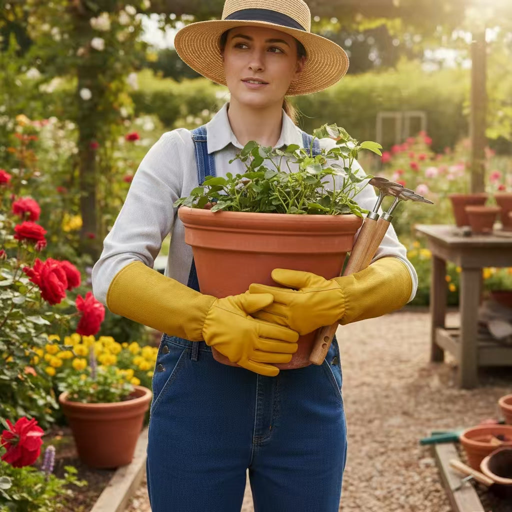 Long Gardening Gloves – Premium Cowhide Leather with Reinforced Palm Padding, Thorn & Puncture Resistant, Flexible Thumb Design for Rose Pruning & Yard Work
