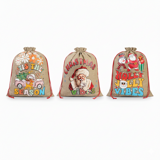 Christmas Burlap Gift Bags – 3PCS Large Reusable Drawstring Santa Sack Set, Retro Holiday Gift Wrap Bags with Tags & Ribbons