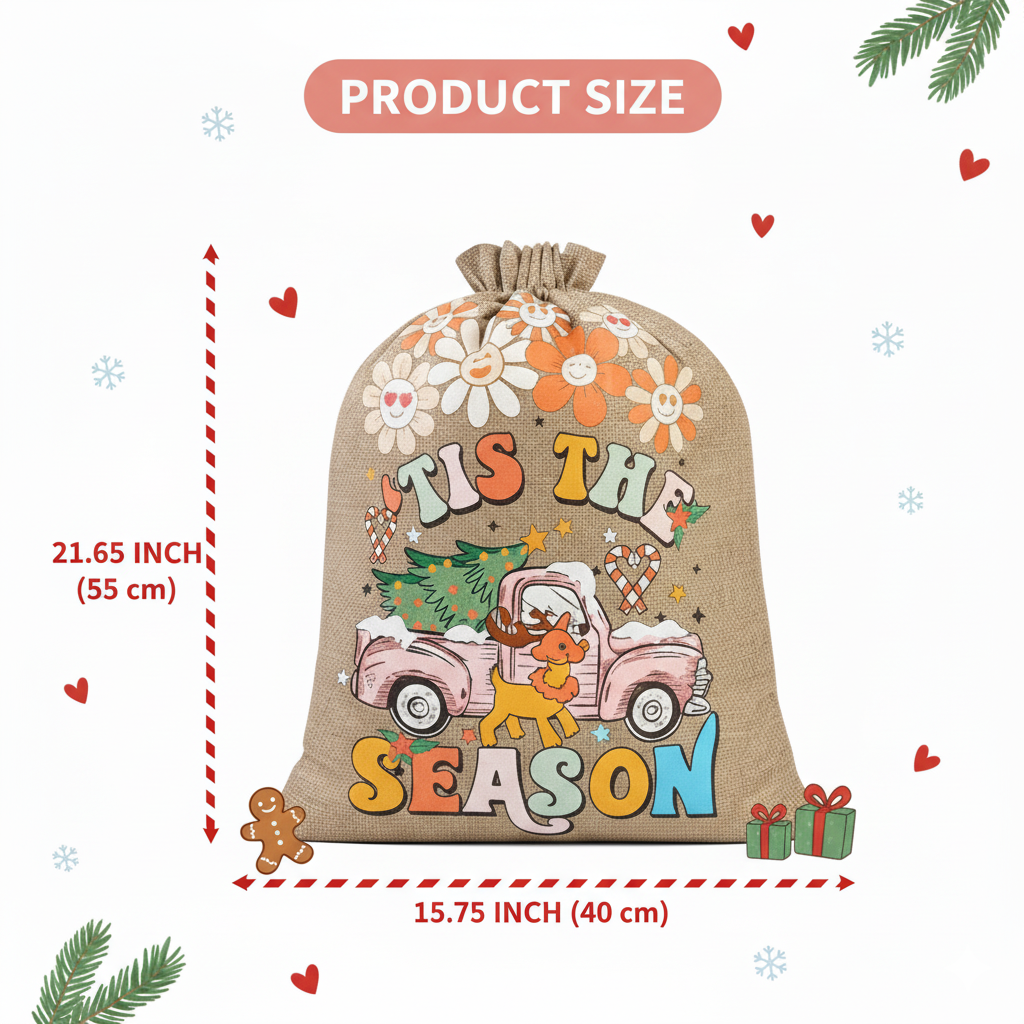 Christmas Burlap Gift Bags – 3PCS Large Reusable Drawstring Santa Sack Set, Retro Holiday Gift Wrap Bags with Tags & Ribbons