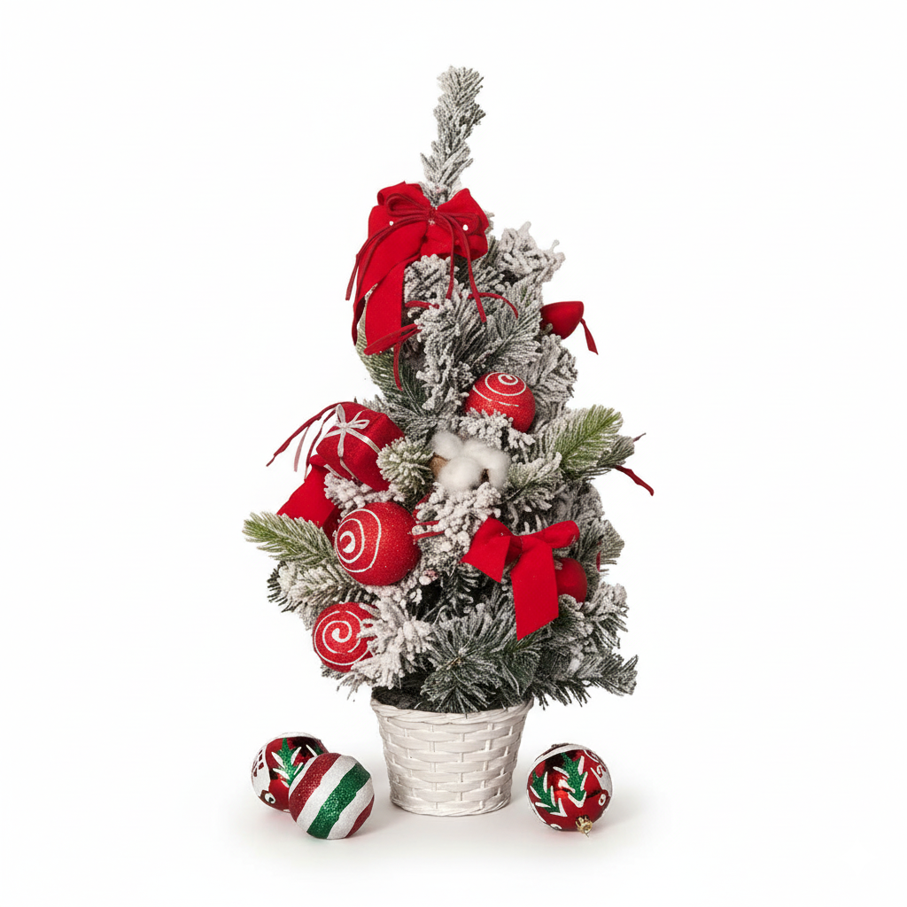 Mini Flocked Christmas Tree with Red Ornaments & Bows – 19.7" Tabletop Artificial Pine Tree in Woven Basket Base, Pre-Decorated Snowy Holiday Décor for Home & Office