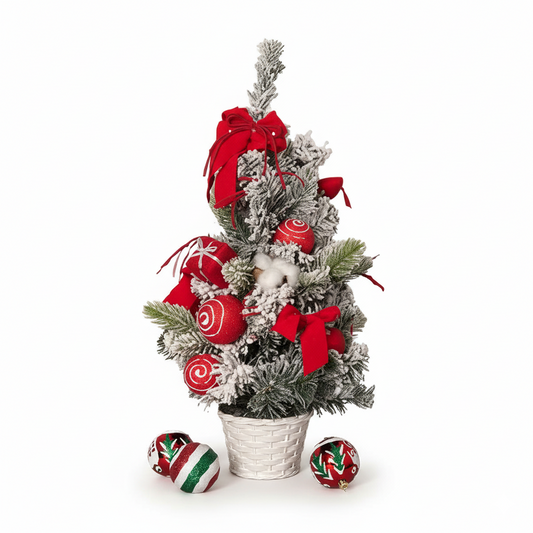 Mini Flocked Christmas Tree with Red Ornaments & Bows – 19.7" Tabletop Artificial Pine Tree in Woven Basket Base, Pre-Decorated Snowy Holiday Décor for Home & Office