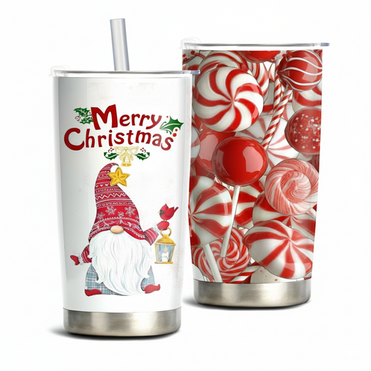 Christmas Candy Cane Gnome Stainless Steel Tumbler – 20oz Insulated Holiday Mug with Lid & Straw, Festive Red & White Peppermint Design