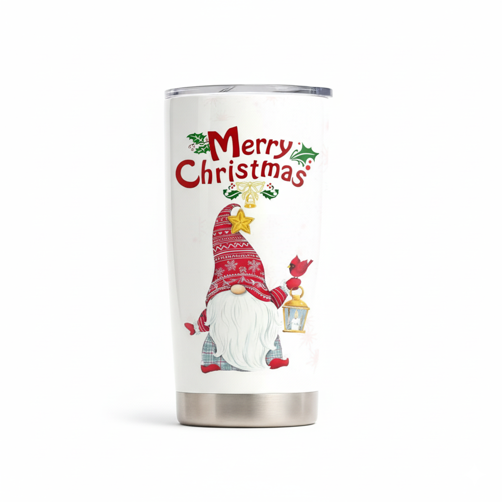 Christmas Candy Cane Gnome Stainless Steel Tumbler – 20oz Insulated Holiday Mug with Lid & Straw, Festive Red & White Peppermint Design