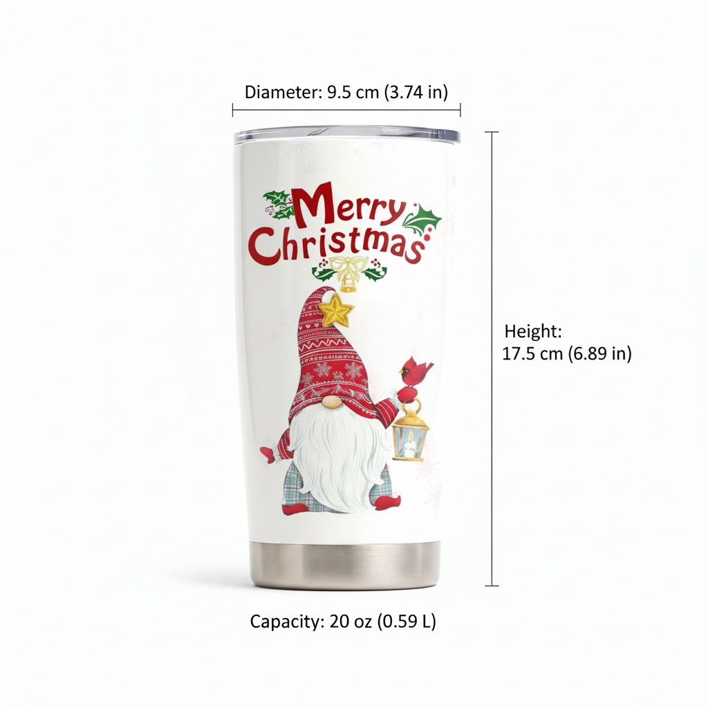 Christmas Candy Cane Gnome Stainless Steel Tumbler – 20oz Insulated Holiday Mug with Lid & Straw, Festive Red & White Peppermint Design
