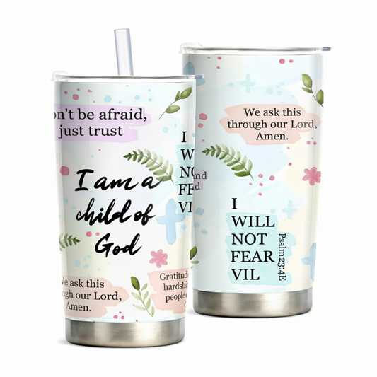 Christian Scripture Stainless Steel Tumbler – 20oz “I Am a Child of God” Inspirational Faith Mug with Bible Verses, Double-Wall Insulated Travel Cup
