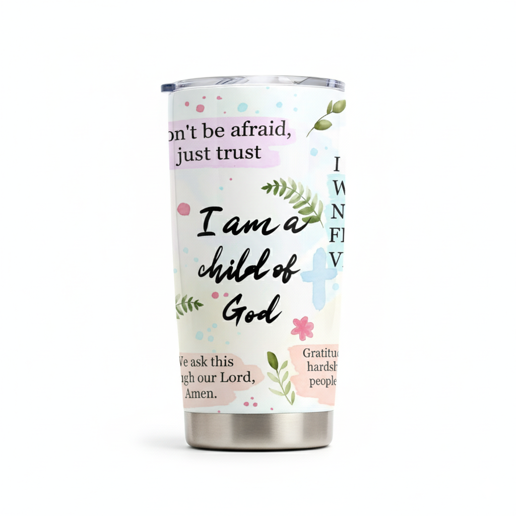 Christian Scripture Stainless Steel Tumbler – 20oz “I Am a Child of God” Inspirational Faith Mug with Bible Verses, Double-Wall Insulated Travel Cup