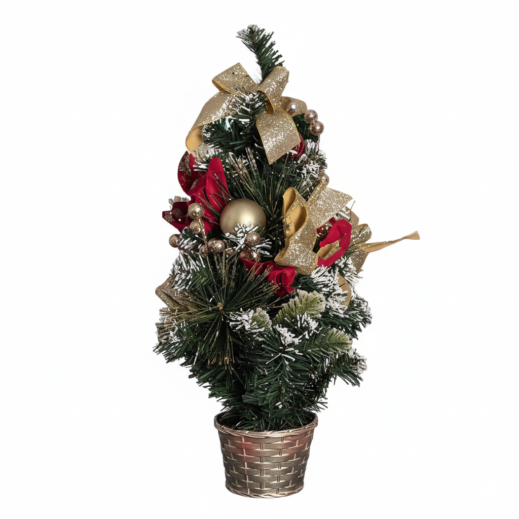 Mini Gold & Red Christmas Tree with Ornaments โ 19.7" Pre-Decorated Tabletop Flocked Pine Tree in Woven Basket, Elegant Holiday Centerpiece with Bonus Santa Stocking