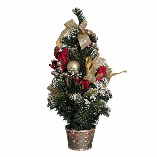 Mini Gold & Red Christmas Tree with Ornaments – 19.7" Pre-Decorated Tabletop Flocked Pine Tree in Woven Basket, Elegant Holiday Centerpiece with Bonus Santa Stocking