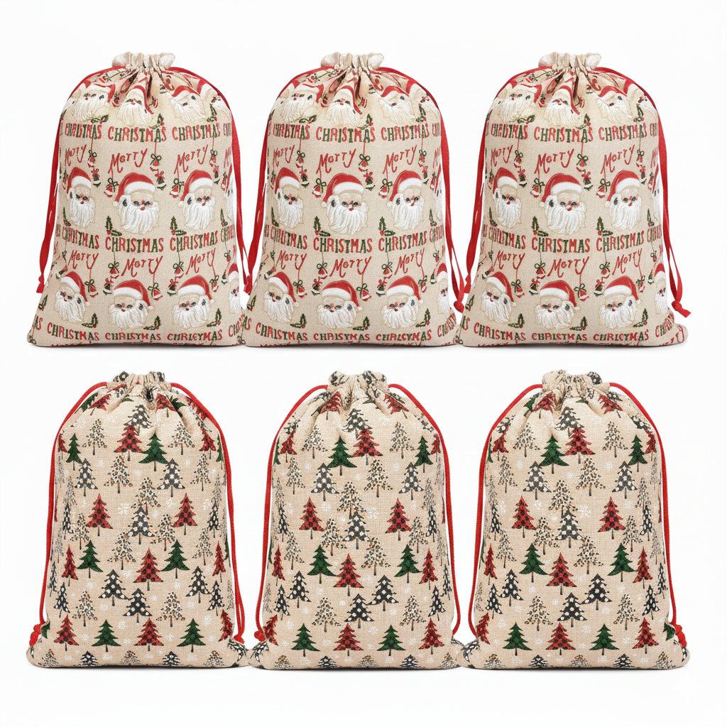 Christmas Foil Gift Bags – 6PCS Burlap-Style Reusable Drawstring Santa & Tree Pattern Bags, 10-Second Easy Gift Wrapping with Tags & Ribbons