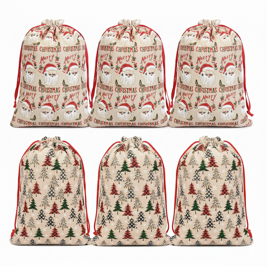 Christmas Foil Gift Bags – 6PCS Burlap-Style Reusable Drawstring Santa & Tree Pattern Bags, 10-Second Easy Gift Wrapping with Tags & Ribbons