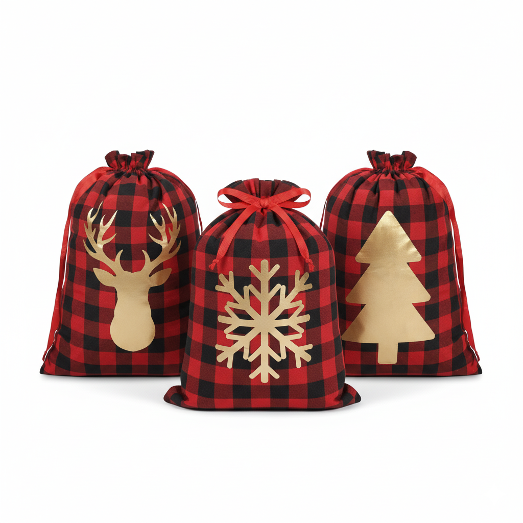 Buffalo Plaid Christmas Gift Bags – 3PCS Red & Black Check Foil Drawstring Bags, Reusable Holiday Wrapping Sacks with Gold Deer, Tree & Snowflake Designs