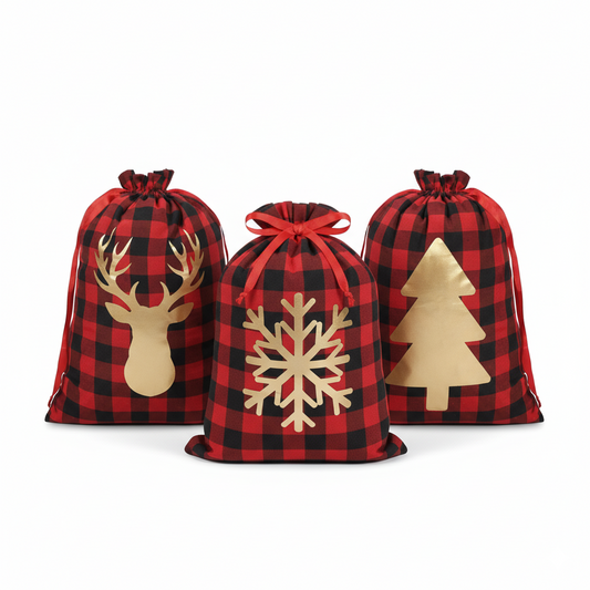 Buffalo Plaid Christmas Gift Bags – 3PCS Red & Black Check Foil Drawstring Bags, Reusable Holiday Wrapping Sacks with Gold Deer, Tree & Snowflake Designs