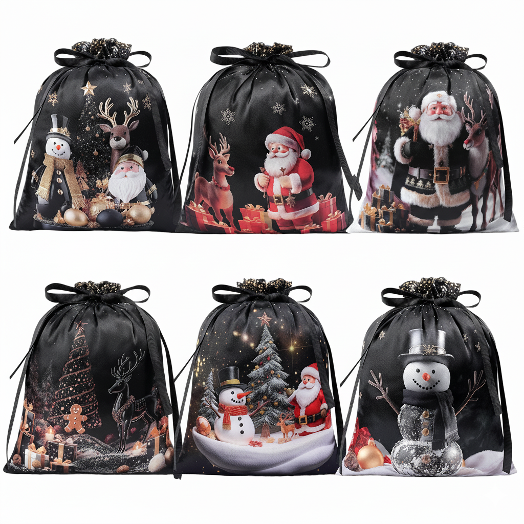 Christmas Drawstring Gift Bags Set โ 6PCS Reusable Holiday Present Bags with Santa & Snowman Prints, Easy Wrapping in 10 Seconds