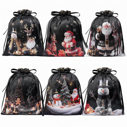 Christmas Drawstring Gift Bags Set – 6PCS Reusable Holiday Present Bags with Santa & Snowman Prints, Easy Wrapping in 10 Seconds
