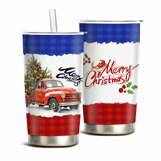 Christmas Red Truck Stainless Steel Tumbler – 20oz Insulated Travel Mug with Lid & Straw, Holiday Plaid Merry Christmas Cup for Hot & Cold Drinks