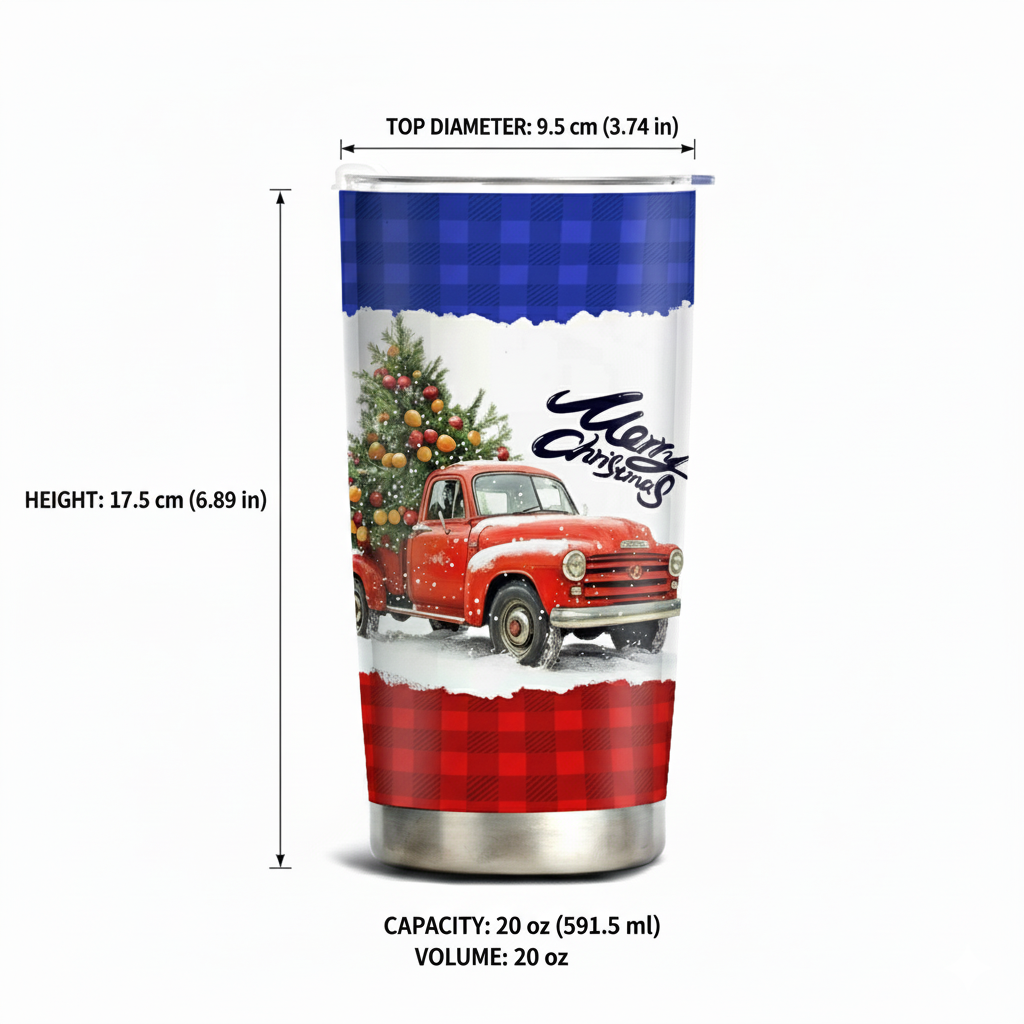 Christmas Red Truck Stainless Steel Tumbler โ 20oz Insulated Travel Mug with Lid & Straw, Holiday Plaid Merry Christmas Cup for Hot & Cold Drinks