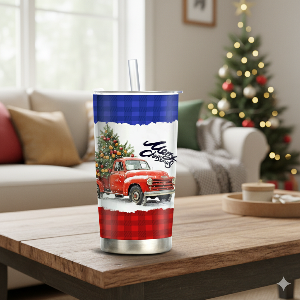 Christmas Red Truck Stainless Steel Tumbler โ 20oz Insulated Travel Mug with Lid & Straw, Holiday Plaid Merry Christmas Cup for Hot & Cold Drinks