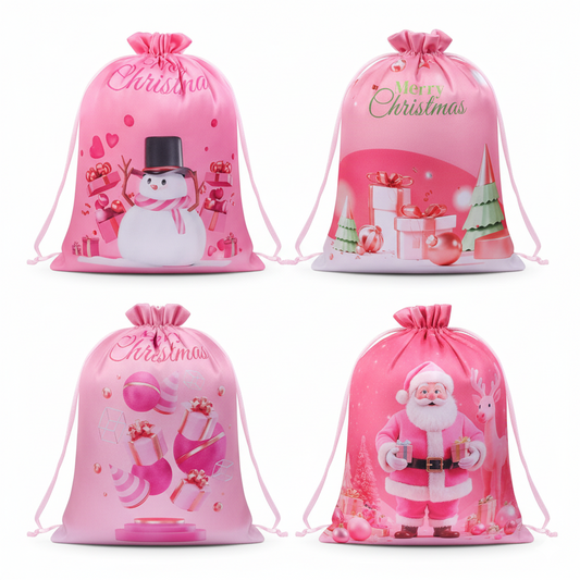 Pink Christmas Drawstring Gift Bags – 4PCS Reusable Holiday Present Bags with Santa & Snowman Prints, Easy 10-Second Wrapping