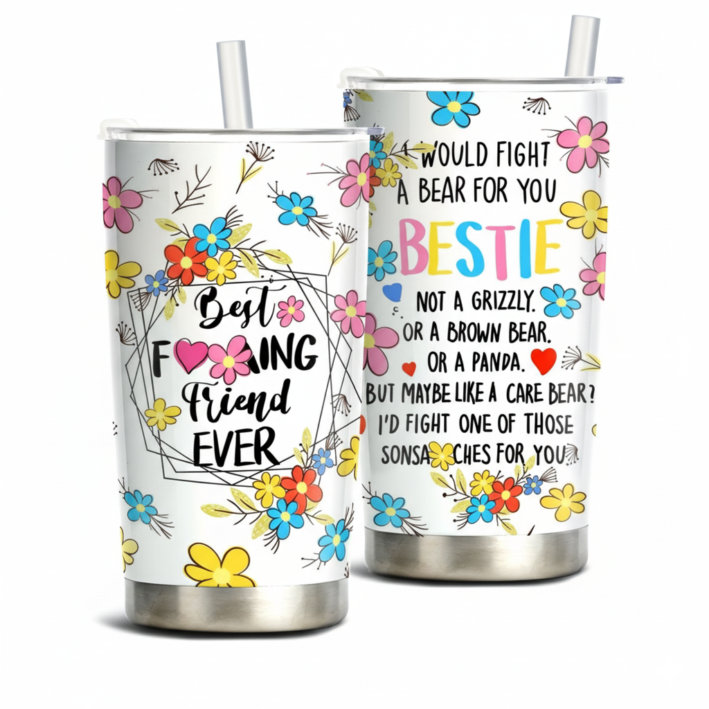 Bestie Stainless Steel Tumbler – 20oz Insulated Travel Mug with Funny Floral Design, Best Friend Gift