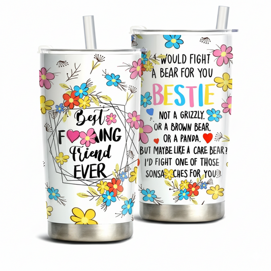Bestie Stainless Steel Tumbler – 20oz Insulated Travel Mug with Funny Floral Design, Best Friend Gift