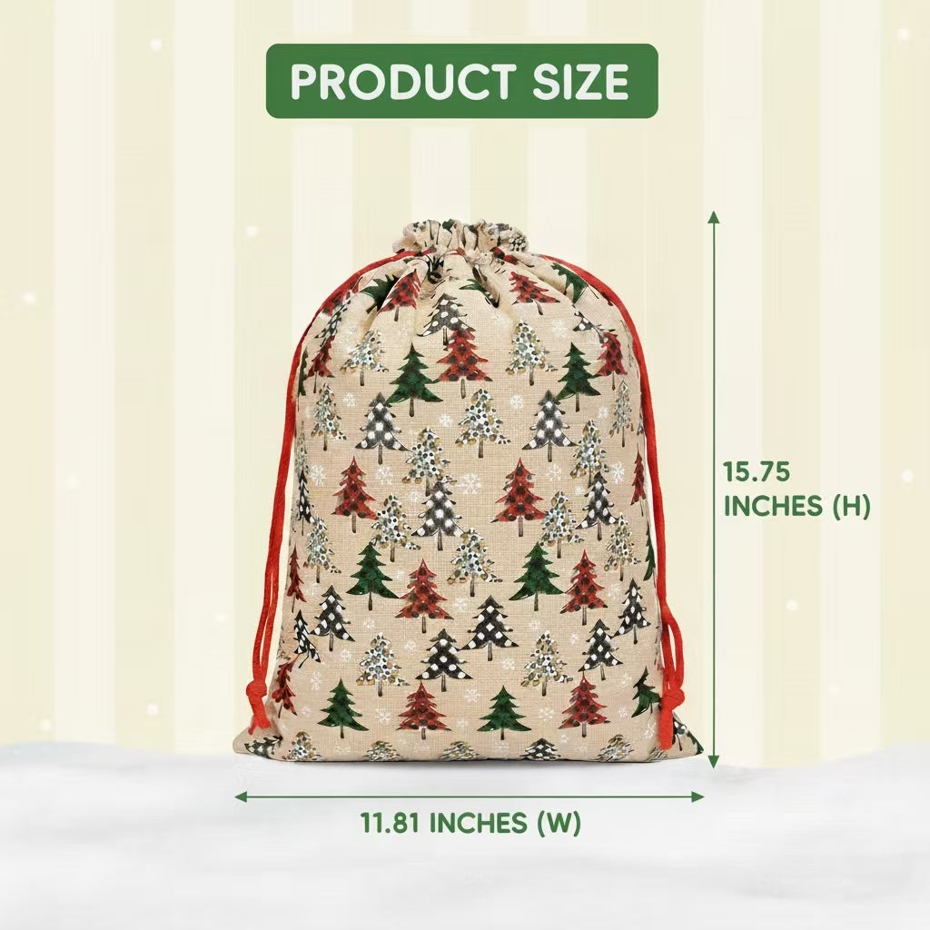 Christmas Foil Gift Bags – 6PCS Burlap-Style Reusable Drawstring Santa & Tree Pattern Bags, 10-Second Easy Gift Wrapping with Tags & Ribbons