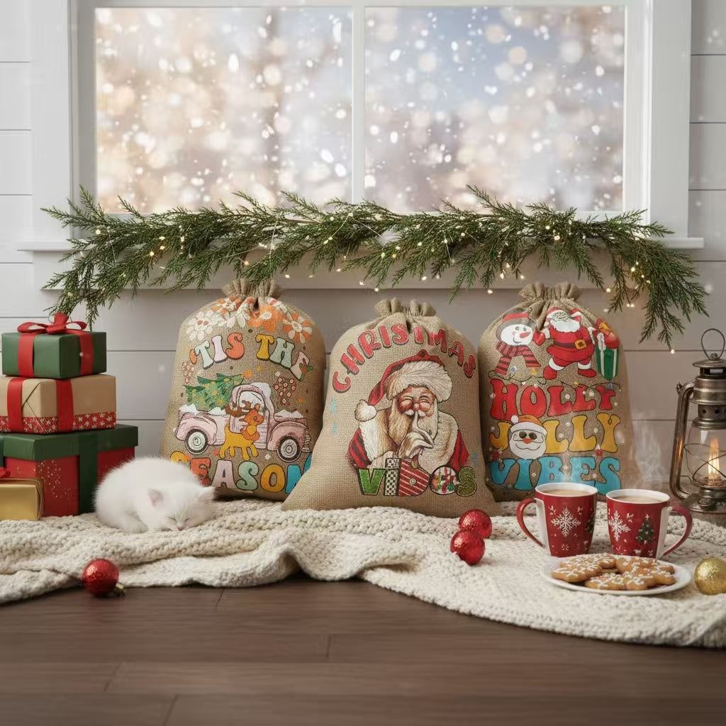 Christmas Burlap Gift Bags – 3PCS Large Reusable Drawstring Santa Sack Set, Retro Holiday Gift Wrap Bags with Tags & Ribbons