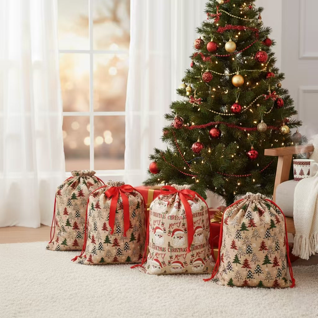 Christmas Foil Gift Bags – 6PCS Burlap-Style Reusable Drawstring Santa & Tree Pattern Bags, 10-Second Easy Gift Wrapping with Tags & Ribbons