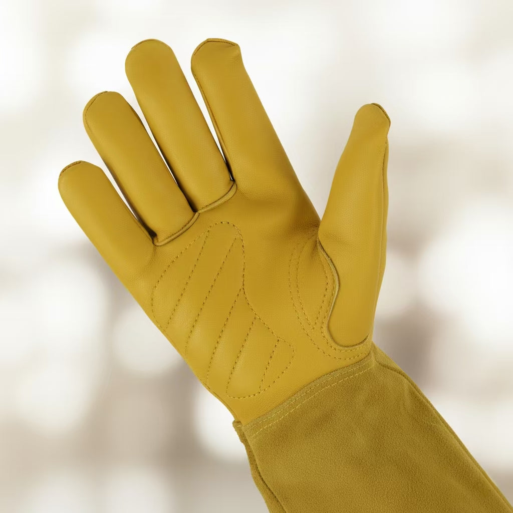 Long Gardening Gloves – Premium Cowhide Leather with Reinforced Palm Padding, Thorn & Puncture Resistant, Flexible Thumb Design for Rose Pruning & Yard Work