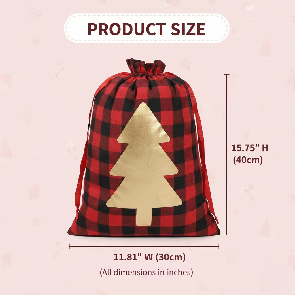 Buffalo Plaid Christmas Gift Bags – 3PCS Red & Black Check Foil Drawstring Bags, Reusable Holiday Wrapping Sacks with Gold Deer, Tree & Snowflake Designs