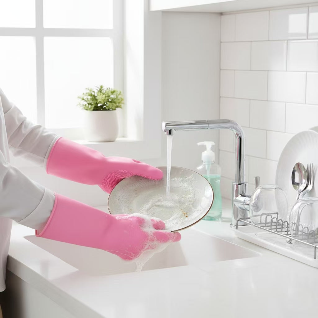 Silicone Cleaning Gloves with Built-In Scrubbing Bristles – Multi-Purpose Dishwashing & Household Gloves