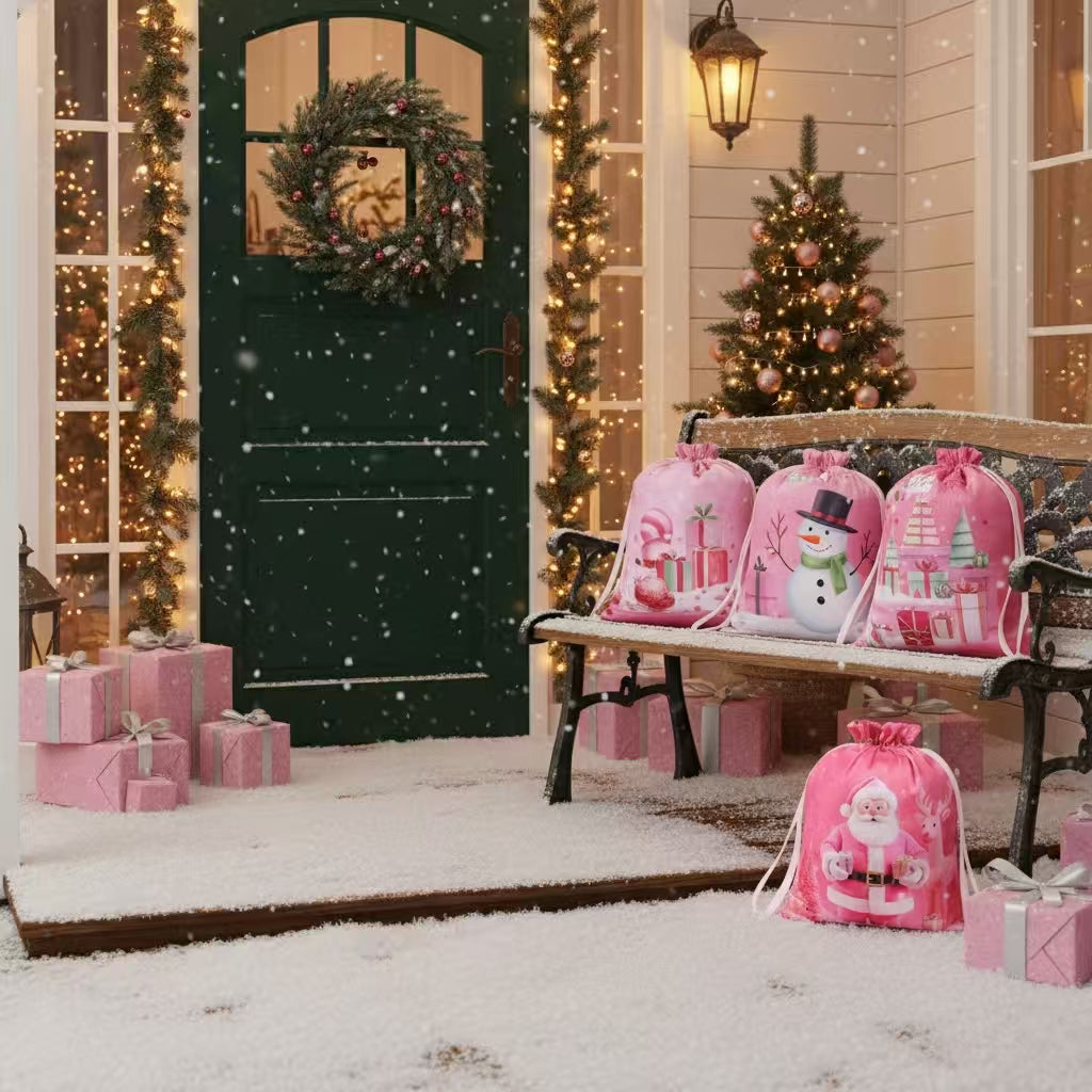 Pink Christmas Drawstring Gift Bags โ 4PCS Reusable Holiday Present Bags with Santa & Snowman Prints, Easy 10-Second Wrapping