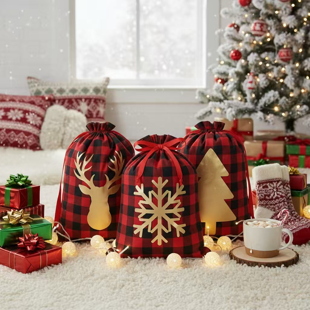 Buffalo Plaid Christmas Gift Bags – 3PCS Red & Black Check Foil Drawstring Bags, Reusable Holiday Wrapping Sacks with Gold Deer, Tree & Snowflake Designs