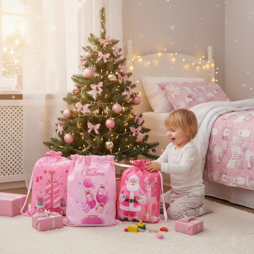 Pink Christmas Drawstring Gift Bags โ 4PCS Reusable Holiday Present Bags with Santa & Snowman Prints, Easy 10-Second Wrapping