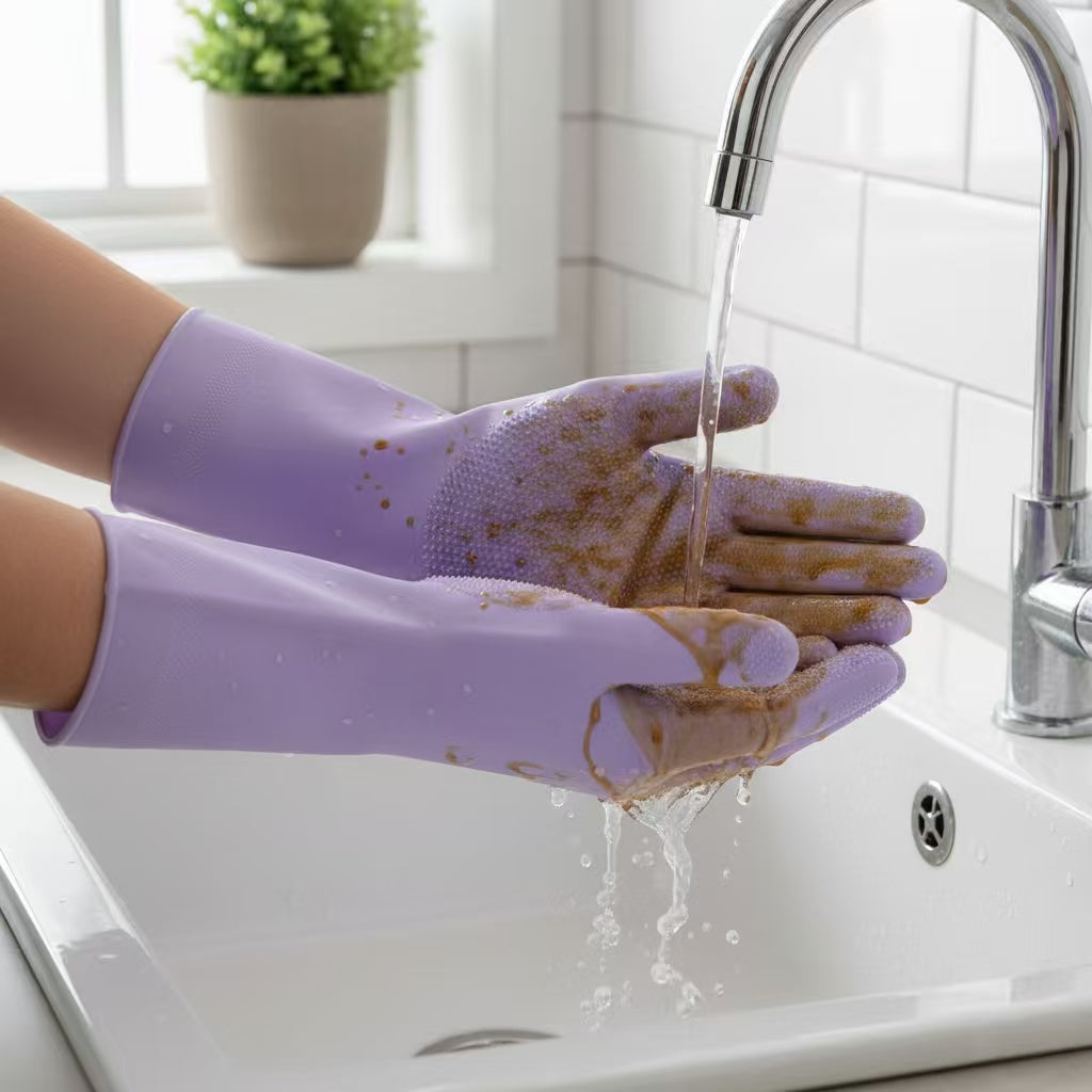 Silicone Cleaning Gloves with Built-In Scrubbing Bristles – Multi-Purpose Dishwashing & Household Gloves