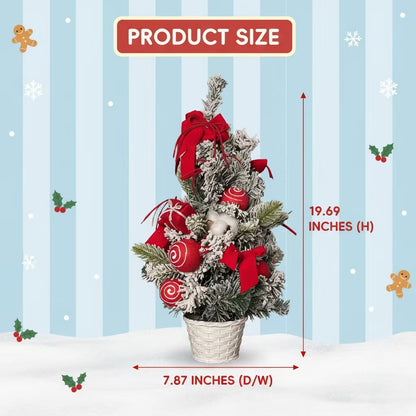 Mini Flocked Christmas Tree with Red Ornaments & Bows – 19.7" Tabletop Artificial Pine Tree in Woven Basket Base, Pre-Decorated Snowy Holiday Décor for Home & Office