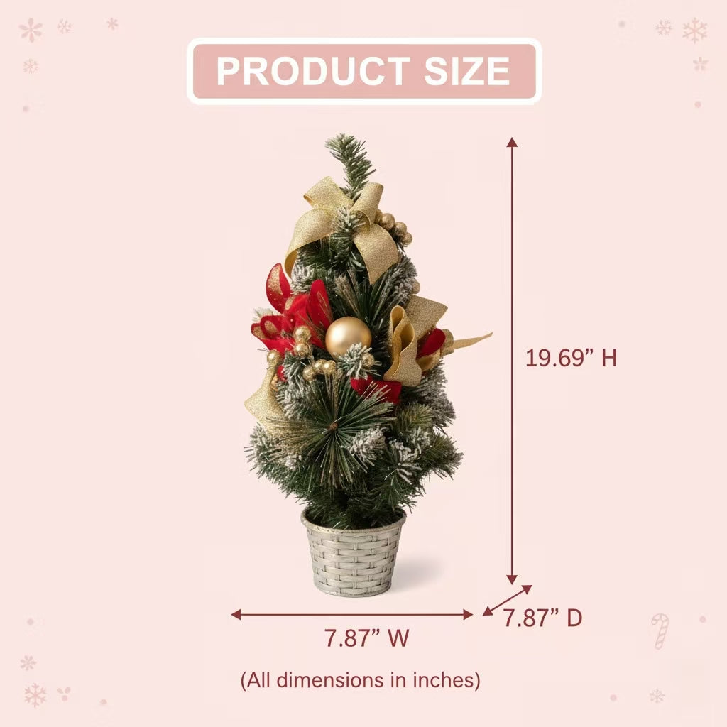 Mini Gold & Red Christmas Tree with Ornaments – 19.7" Pre-Decorated Tabletop Flocked Pine Tree in Woven Basket, Elegant Holiday Centerpiece with Bonus Santa Stocking