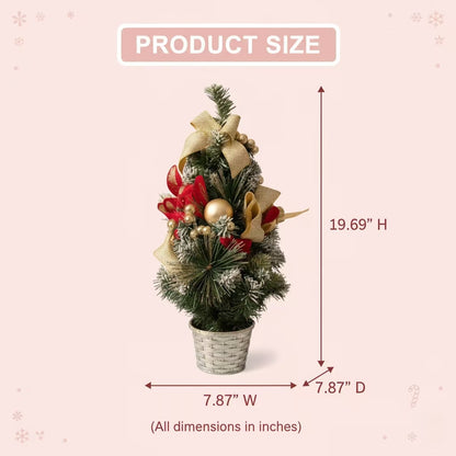 Mini Gold & Red Christmas Tree with Ornaments – 19.7" Pre-Decorated Tabletop Flocked Pine Tree in Woven Basket, Elegant Holiday Centerpiece with Bonus Santa Stocking