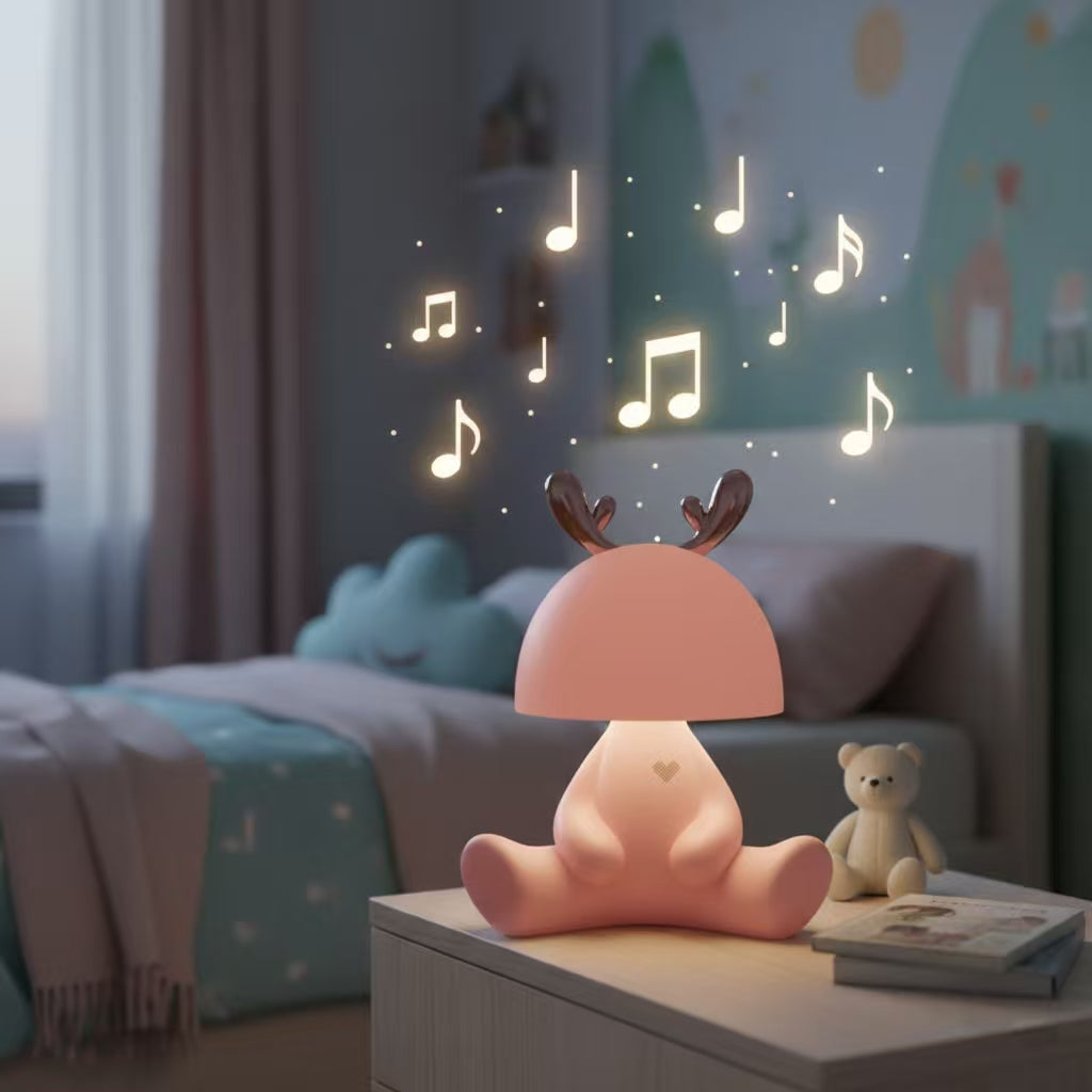Cute Reindeer Bluetooth Speaker Night Light – Touch Control, 3-Level Brightness, 1200mAh Rechargeable Lamp