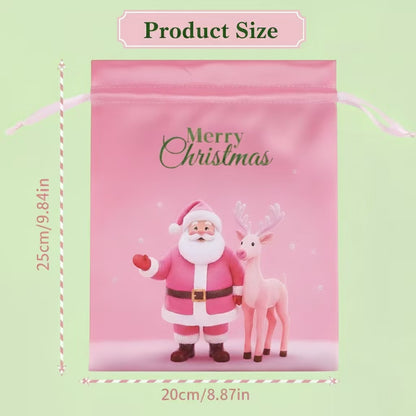 Pink Christmas Drawstring Gift Bags – 4PCS Reusable Holiday Present Bags with Santa & Snowman Prints, Easy 10-Second Wrapping