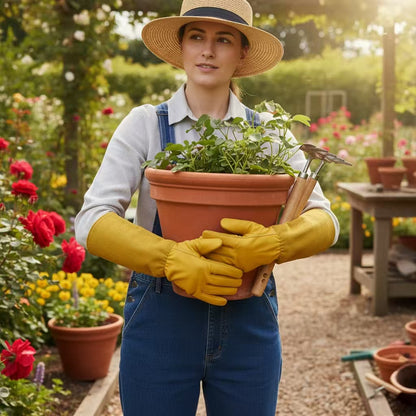 Long Gardening Gloves – Premium Cowhide Leather with Reinforced Palm Padding, Thorn & Puncture Resistant, Flexible Thumb Design for Rose Pruning & Yard Work